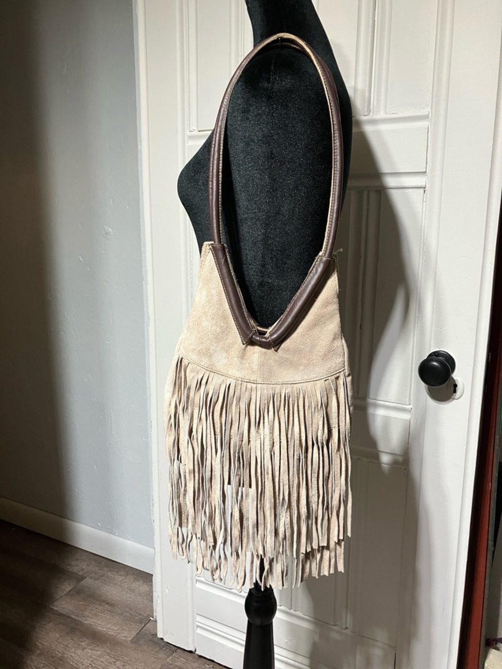 Vintage Nino Bossi Beige Suede Fringe Shoulder Bag with Dark Brown Trim